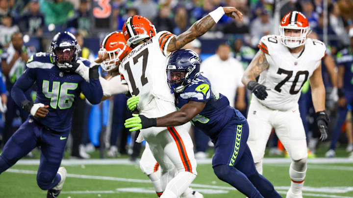 Aug 24, 2024; Seattle, Washington, USA; Seattle Seahawks linebacker Jamie Sheriff (44) pressures Cleveland Browns quarterback Dorian Thompson-Robinson (17) during the second quarter at Lumen Field. Mandatory Credit: Joe Nicholson-Imagn Images Aug 24, 2024; Seattle, Washington, USA; Seattle Seahawks linebacker Jamie Sheriff (44) pressures Cleveland Browns quarterback Dorian Thompson-Robinson (17) during the second quarter at Lumen Field. Mandatory Credit: Joe Nicholson-Imagn Images
