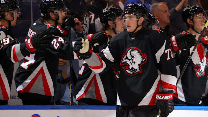 Oct 26, 2024; Buffalo, New York, USA;  Buffalo Sabres center Tage Thompson (72) celebrates his goal with teammates during the first period against the Detroit Red Wings at KeyBank Center. Mandatory Credit: Timothy T. Ludwig-Imagn Images