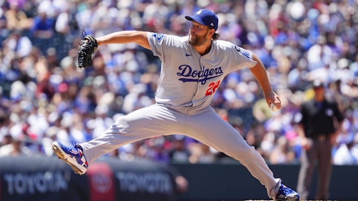 Denver, Colorado, USA; Los Angeles Dodgers starting pitcher Clayton Kershaw (22) delivers a pitch in the sixth inning against the Colorado Rockies at Coors Field.