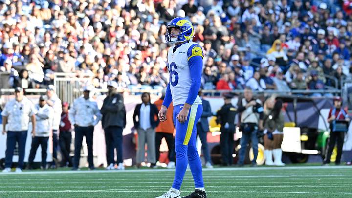 Nov 17, 2024; Foxborough, Massachusetts, USA; Los Angeles Rams place kicker Joshua Karty (16) prepares to kick the ball during the first half against the New England Patriots at Gillette Stadium. Mandatory Credit: Eric Canha-Imagn Images Nov 17, 2024; Foxborough, Massachusetts, USA; Los Angeles Rams place kicker Joshua Karty (16) prepares to kick the ball during the first half against the New England Patriots at Gillette Stadium. Mandatory Credit: Eric Canha-Imagn Images