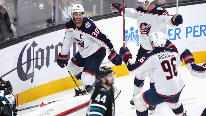 sFeb 17, 2024; San Jose, California, USA; Columbus Blue Jackets center Boone Jenner (38) celebrates