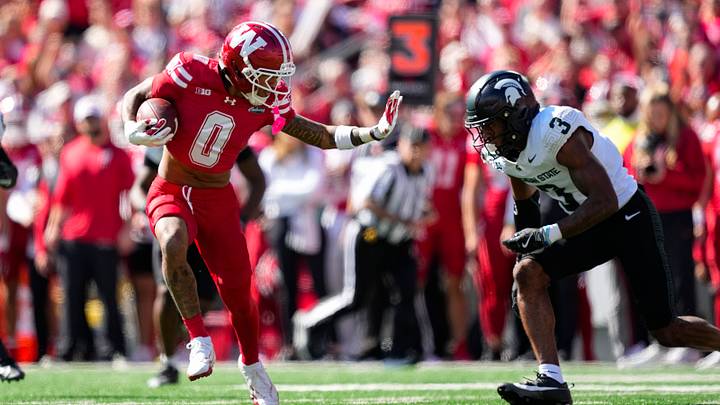 Oct 3, 2026; Madison, Wisconsin, USA;  Wisconsin Badgers wide receiver Tyrell Henry (0) during the game against the Michigan State Spartans at Camp Randall Stadium. Mandatory Credit: Jeff Hanisch-Imagn Images