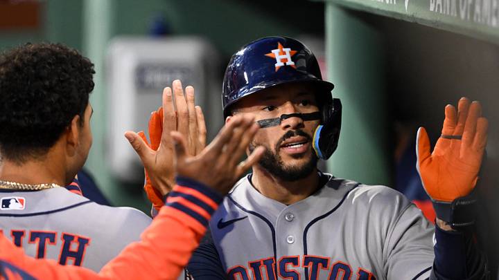 May 1, 2026; Boston, Massachusetts, USA; Houston Astros shortstop Carlos Correa (1) reacts after hitting a solo home run against the Boston Red Sox during the third inning at Fenway Park. Mandatory Credit: Brian Fluharty-Imagn Images