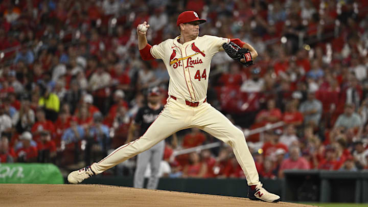 Jul 27, 2024; St. Louis, Missouri, USA; St. Louis Cardinals starting pitcher Kyle Gibson (44) throws against the Washington Nationals during the first inning at Busch Stadium. Mandatory Credit: Jeff Le-Imagn Images