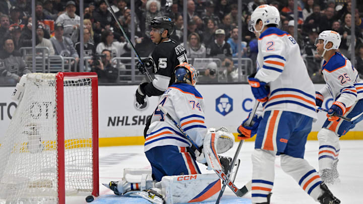 Los Angeles Kings right wing Quinton Byfield (55) celebrates after scoring past Edmonton Oilers goaltender Stuart Skinner (74)