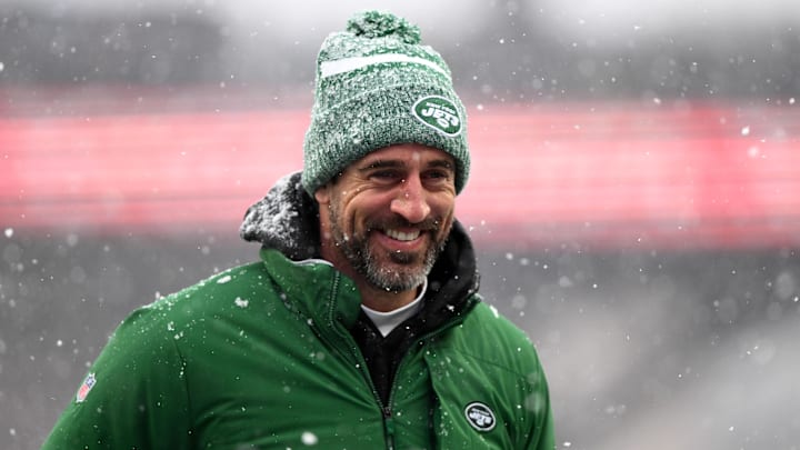 Jan 7, 2024; Foxborough, Massachusetts, USA; New York Jets quarterback Aaron Rodgers (8)  walks off