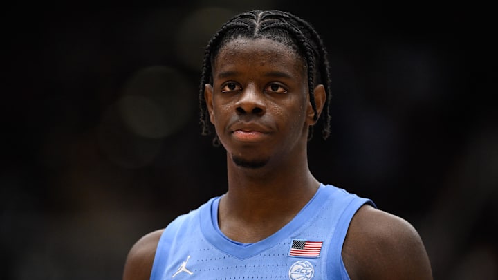 Jan 14, 2026; Stanford, California, USA; North Carolina Tar Heels forward Caleb Wilson (8) looks on against the Stanford Cardinal in the second half at Maples Pavilion. Mandatory Credit: Eakin Howard-Imagn Images