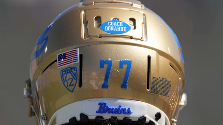 Aug 28, 2021; Pasadena, California, USA; Detailed view of Coach Donahue decal in the memory of