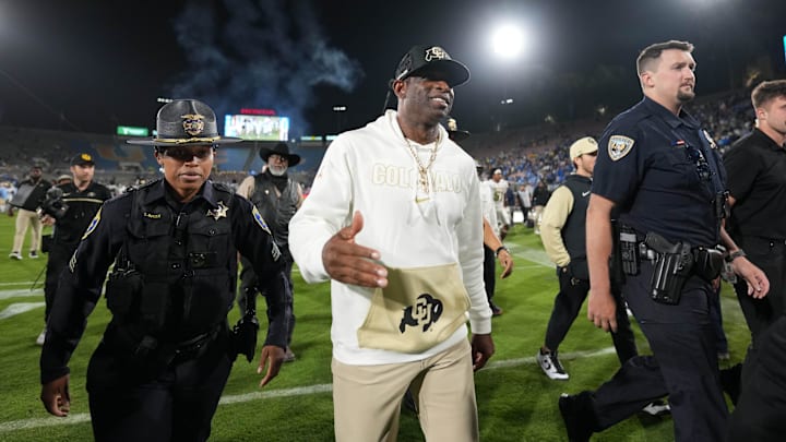 Oct 28, 2023; Pasadena, California, USA; Colorado Buffaloes head coach Deion Sanders leaves the field after the game against the UCLA Bruins at Rose Bowl. UCLA defeated Colorado 28-16. Mandatory Credit: Kirby Lee-Imagn Images