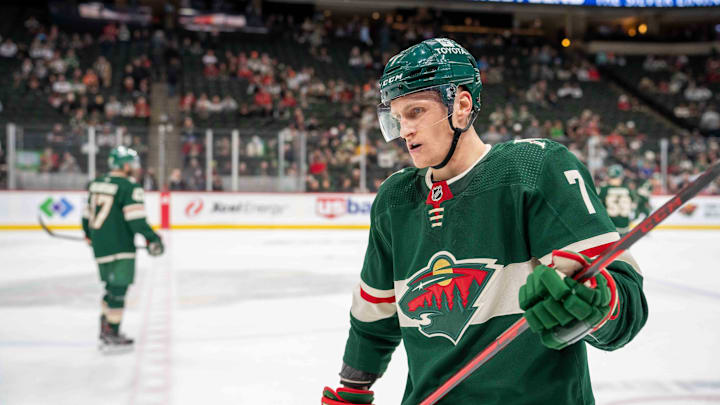 Mar 1, 2022; Saint Paul, Minnesota, USA; Minnesota Wild center Nico Sturm (7) skates to the bench at Xcel Energy Center. Mandatory Credit: Matt Blewett-Imagn Images