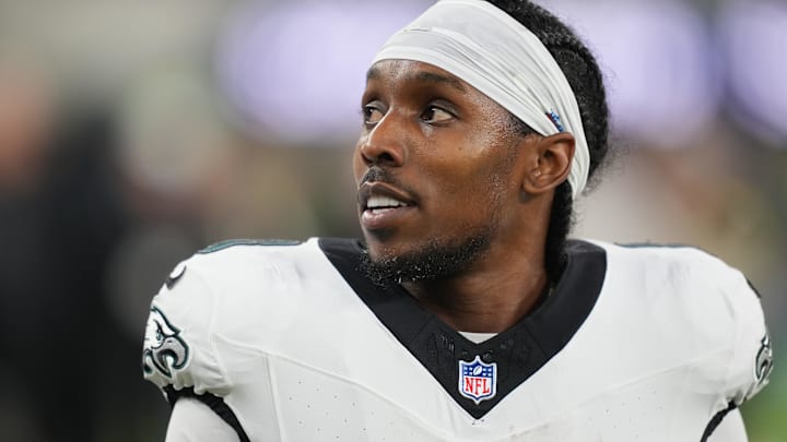 Dec 8, 2025; Inglewood, California, USA; Philadelphia Eagles cornerback Adoree' Jackson (8) looks on before the game against the Los Angeles Chargers at SoFi Stadium. Dec 8, 2025; Inglewood, California, USA; Philadelphia Eagles cornerback Adoree' Jackson (8) looks on before the game against the Los Angeles Chargers at SoFi Stadium.