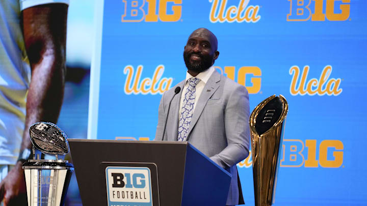 Jul 24, 2025; Las Vegas, NV, USA; UCLA head coach DeShaun Foster speaks to the media during the Big Ten NCAA college football media days at Mandalay Bay Resort. Mandatory Credit: Lucas Peltier-Imagn Images