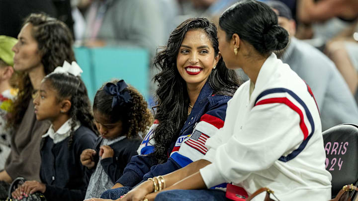 Vanessa Bryant and Natalia Bryant watch a women's basketball semifinal game during the Paris 2024 Olympic Summer Games at Accor Arena. 