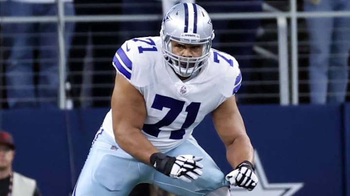 Jan 16, 2022; Arlington, Texas, USA; Dallas Cowboys offensive tackle La'el Collins (71) in action during the NFC Wild Card playoff football game against the San Francisco 49ers at AT&T Stadium. Mandatory Credit: Kevin Jairaj-Imagn Images