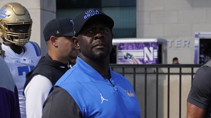 Sep 27, 2025; Evanston, Illinois, USA; UCLA Bruins interim head coach Tim Skipper takes the field against the Northwestern Wildcats during the first half at Northwestern Medicine Field at Martin Stadium. Mandatory Credit: David Banks-Imagn Images