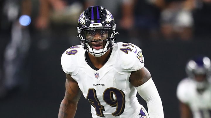Sep 13, 2021; Paradise, Nevada, USA; Baltimore Ravens linebacker Chris Board (49) against the Las Vegas Raiders during Monday Night Football at Allegiant Stadium. Mandatory Credit: Mark J. Rebilas-Imagn Images