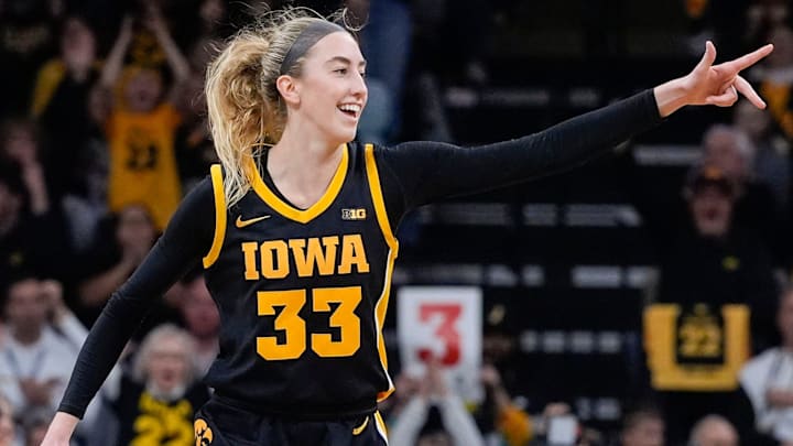 Iowa Hawkeyes guard Lucy Olsen (33) reacts after a made Hawkeye three-point basket during a Big Ten women’s basketball game against the USC Trojans Sunday, Feb. 2, 2025 at Carver-Hawkeye Arena in Iowa City, Iowa.