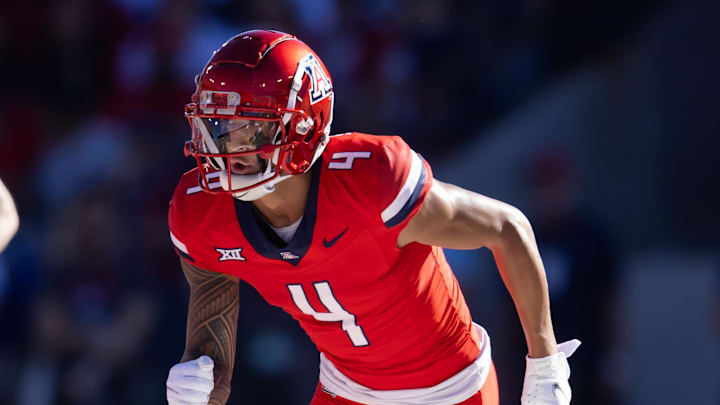 Nov 30, 2024; Tucson, Arizona, USA; Arizona Wildcats wide receiver Tetairoa McMillan (4) against the Arizona State Sun Devils during the Territorial Cup at Arizona Stadium. Mandatory Credit: Mark J. Rebilas-Imagn Images Nov 30, 2024; Tucson, Arizona, USA; Arizona Wildcats wide receiver Tetairoa McMillan (4) against the Arizona State Sun Devils during the Territorial Cup at Arizona Stadium. Mandatory Credit: Mark J. Rebilas-Imagn Images