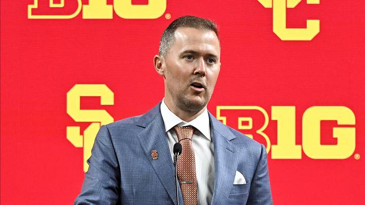 Jul 24, 2024; Indianapolis, IN, USA;  USC Trojans head coach Lincoln Riley speaks to the media during the Big 10 football media day at Lucas Oil Stadium. Mandatory Credit: Robert Goddin-USA TODAY Sports