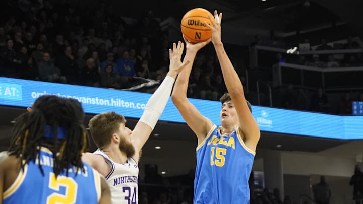 Mar 3, 2025; Evanston, Illinois, USA; UCLA Bruins center Aday Mara (15) shoots over Northwestern Wildcats center Matthew Nicholson (34) during the first half at Welsh-Ryan Arena. Mandatory Credit: David Banks-Imagn Images Mar 3, 2025; Evanston, Illinois, USA; UCLA Bruins center Aday Mara (15) shoots over Northwestern Wildcats center Matthew Nicholson (34) during the first half at Welsh-Ryan Arena. Mandatory Credit: David Banks-Imagn Images