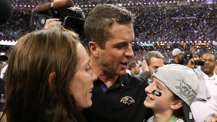 Baltimore Ravens head coach John Harbaugh celebrates with his wife Ingrid and daughter Alison after defeating the San Francisco 49ers 34-31 in Super Bowl XLVII. Alison now plays lacrosse for USF | Matthew Emmons-Imagn Images