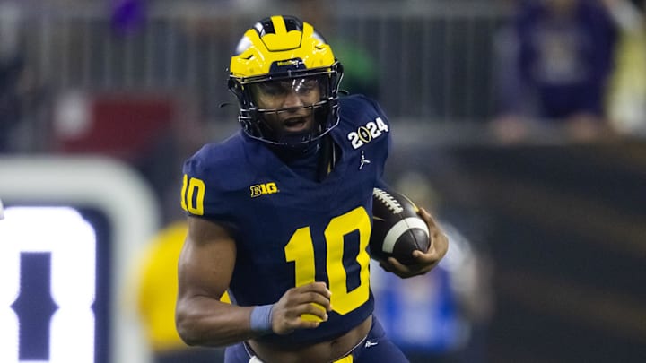 Jan 8, 2024; Houston, TX, USA; Michigan Wolverines quarterback Alex Orji (10) against the Washington Huskies during the 2024 College Football Playoff national championship game at NRG Stadium. Mandatory Credit: Mark J. Rebilas-USA TODAY Sports
