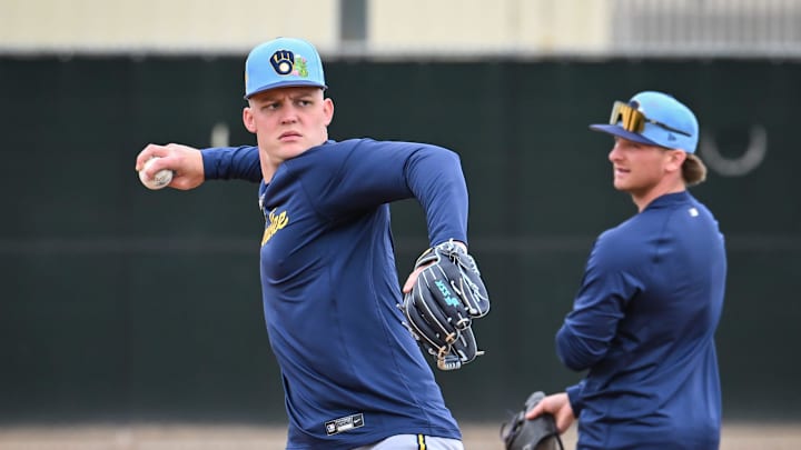 Milwaukee Brewers third baseman Brock Wilken throws to first during spring training workouts Monday, February 16, 2026, at American Family Fields of Phoenix in Phoenix, Arizona.