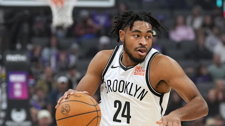 Nov 24, 2024; Sacramento, California, USA; Brooklyn Nets guard Cam Thomas (24) dribbles against the Sacramento Kings during the first quarter at Golden 1 Center. Mandatory Credit: Darren Yamashita-Imagn Images Nov 24, 2024; Sacramento, California, USA; Brooklyn Nets guard Cam Thomas (24) dribbles against the Sacramento Kings during the first quarter at Golden 1 Center. Mandatory Credit: Darren Yamashita-Imagn Images