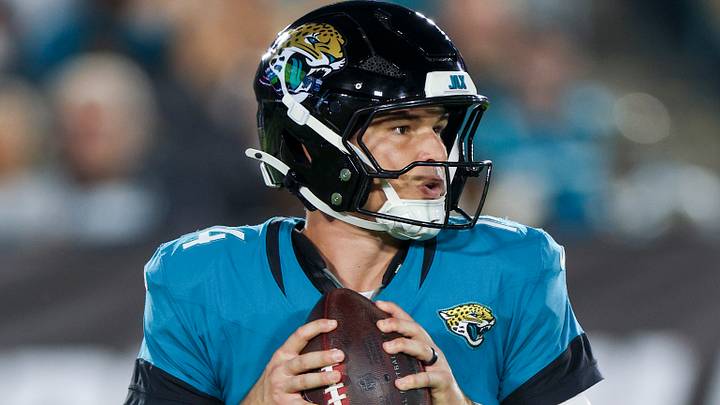 Aug 28, 2026; Jacksonville, Florida, USA; Jacksonville Jaguars quarterback Nick Mullens (14) drops back to pass against the Tampa Bay Buccaneers in the first quarter during preseason at EverBank Stadium. 