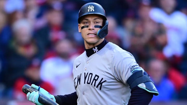 Oct 17, 2024; Cleveland, Ohio, USA; New York Yankees outfielder Aaron Judge (99) reacts after a pitch during the first inning against the Cleveland Guardians in game 3 of the American League Championship Series at Progressive Field. Mandatory Credit: David Dermer-Imagn Images Oct 17, 2024; Cleveland, Ohio, USA; New York Yankees outfielder Aaron Judge (99) reacts after a pitch during the first inning against the Cleveland Guardians in game 3 of the American League Championship Series at Progressive Field. Mandatory Credit: David Dermer-Imagn Images