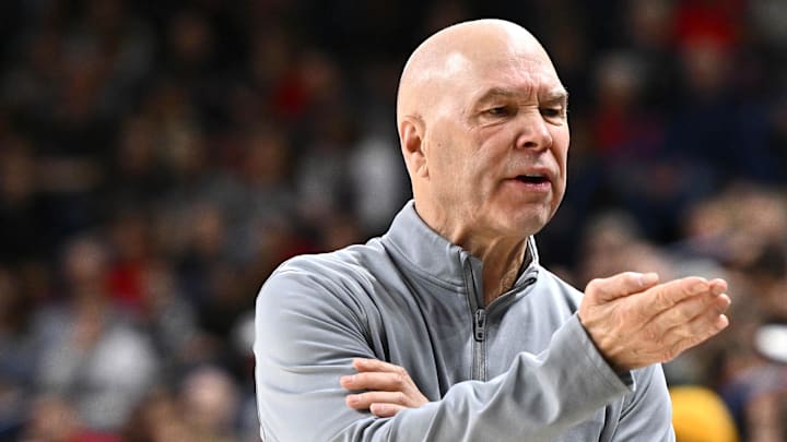Jan 31, 2026; Spokane, Washington, USA; Saint Mary's Gaels head coach Randy Bennett talks with his bench during a game against the Gonzaga Bulldogs in the first half at McCarthey Athletic Center. Mandatory Credit: James Snook-Imagn Images