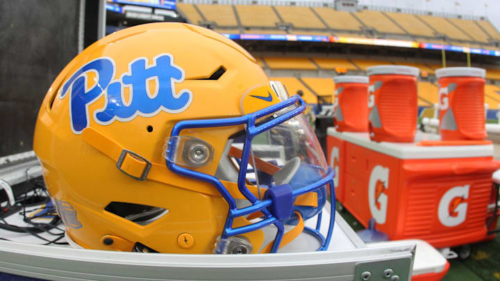 Nov 16, 2024; Pittsburgh, Pennsylvania, USA;  A Pittsburgh Panthers helmet on the sidelines against the Clemson Tigers at Acrisure Stadium. Mandatory Credit: Charles LeClaire-Imagn Images
