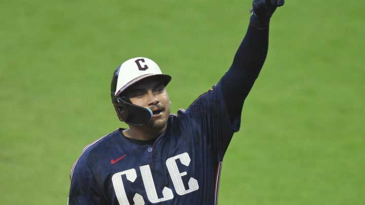 Cleveland Guardians designated hitter Josh Naylor (22) celebrates his solo home run in the fourth inning against the San Francisco Giants at Progressive Field on July 5.