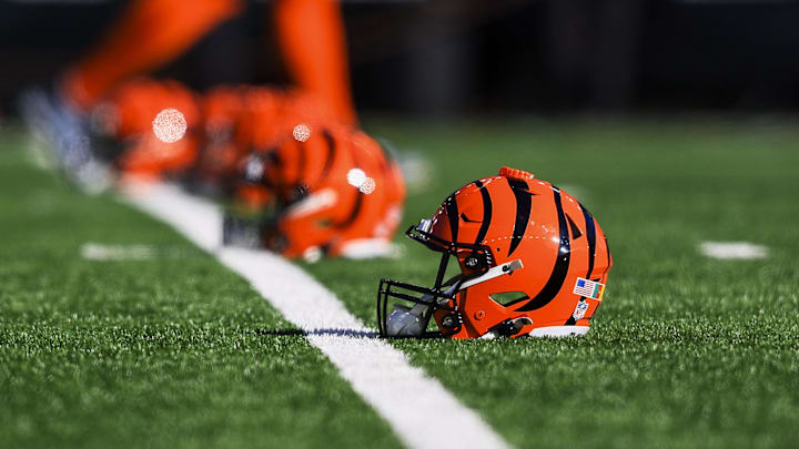 Dec 1, 2024; Cincinnati, Ohio, USA; A general view of a Cincinnati Bengals helmet during warmups before the game against the Pittsburgh Steelers at Paycor Stadium. Mandatory Credit: Katie Stratman-Imagn Images