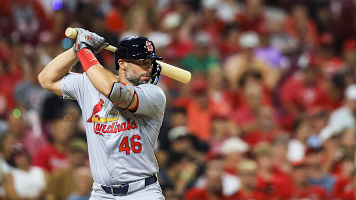 Aug 12, 2024; Cincinnati, Ohio, USA; St. Louis Cardinals first baseman Paul Goldschmidt (46) at bat in the eighth inning against the Cincinnati Reds at Great American Ball Park. Mandatory Credit: Katie Stratman-Imagn Images