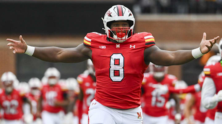 Sep 7, 2024; College Park, Maryland, USA;  Maryland Terrapins defensive lineman Jordan Phillips (8) takes the field before the game against the Michigan State Spartans at SECU Stadium. Mandatory Credit: Tommy Gilligan-Imagn Images