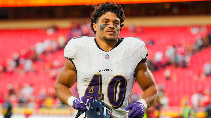 Sep 28, 2025; Kansas City, Missouri, USA; Baltimore Ravens linebacker Teddye Buchanan (40) leaves the field after a game against the Kansas City Chiefs at GEHA Field at Arrowhead Stadium. Mandatory Credit: Jay Biggerstaff-Imagn Images