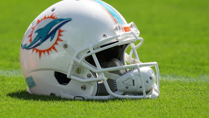 Aug 17, 2022; Miami Gardens, Florida, US; A general view of a Miami Dolphins helmet on the field