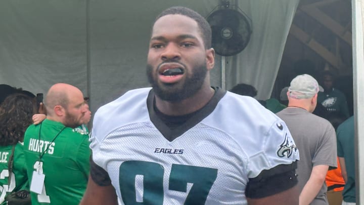 Eagles defensive tackle Moro Ojomo takes the practice field for the Eagles' first practice of training camp on July 24, 2024. Eagles defensive tackle Moro Ojomo takes the practice field for the Eagles' first practice of training camp on July 24, 2024.
