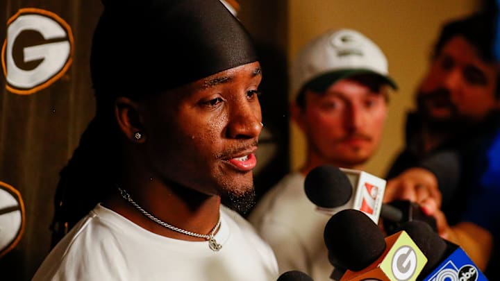 Green Bay Packers rookie wide receiver Savion Williams is interviewed by the media during rookie minicamp on Friday, May 2, 2025, at Lambeau Field in Green Bay, Wisconsin.