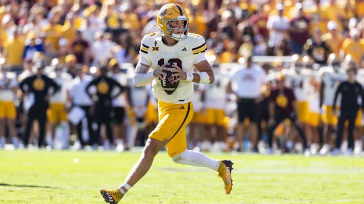 Oct 18, 2025; Tempe, Arizona, USA; Arizona State Sun Devils quarterback Sam Leavitt (10) against the Texas Tech Red Raiders at Mountain America Stadium. Mandatory Credit: Mark J. Rebilas-Imagn Images Oct 18, 2025; Tempe, Arizona, USA; Arizona State Sun Devils quarterback Sam Leavitt (10) against the Texas Tech Red Raiders at Mountain America Stadium. Mandatory Credit: Mark J. Rebilas-Imagn Images