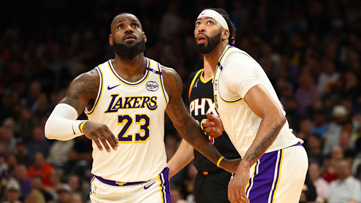 Nov 26, 2024; Phoenix, Arizona, USA; Los Angeles Lakers forward LeBron James (23) and center Anthony Davis (3) against the Phoenix Suns during an NBA Cup game at Footprint Center. Mandatory Credit: Mark J. Rebilas-Imagn Images Nov 26, 2024; Phoenix, Arizona, USA; Los Angeles Lakers forward LeBron James (23) and center Anthony Davis (3) against the Phoenix Suns during an NBA Cup game at Footprint Center. Mandatory Credit: Mark J. Rebilas-Imagn Images