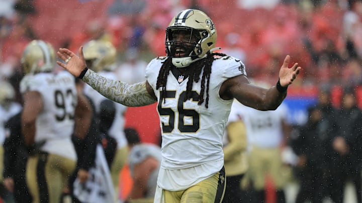 Dec 7, 2025; Tampa, Florida, USA; New Orleans Saints linebacker Demario Davis (56) reacts after a tackle during the second quarter against the Tampa Bay Buccaneers at Raymond James Stadium. Mandatory Credit: Kim Klement Neitzel-Imagn Images
