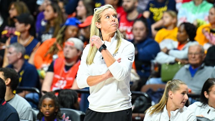 Sep 22, 2024; Uncasville, Connecticut, USA; Indiana Fever head coach Christie Sides during game one of the first round of the 2024 WNBA Playoffs at Mohegan Sun Arena. Mandatory Credit: Mark Smith-Imagn Images