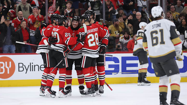 Jan 4, 2026; Chicago, Illinois, USA; The Chicago Blackhawks celebrate a first period goal by left wing Tyler Bertuzzi (59) against the Vegas Golden Knights at United Center. Mandatory Credit: Talia Sprague-Imagn Images