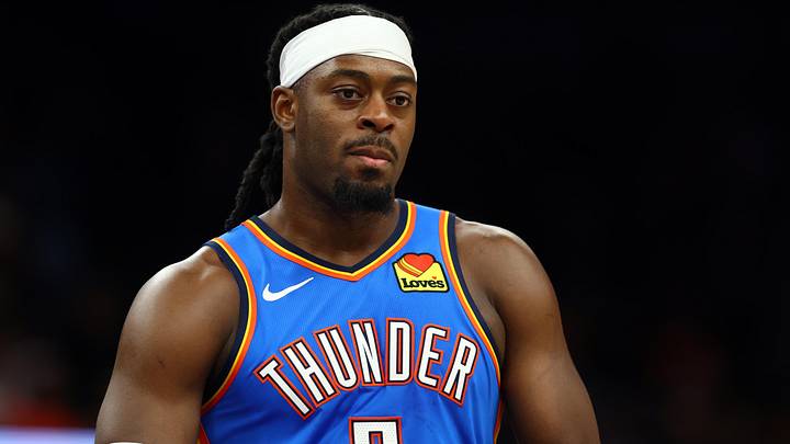Apr 27, 2026; Phoenix, Arizona, USA; Oklahoma City Thunder guard Luguentz Dort (5) against the Phoenix Suns during game four of the first round of the 2026 NBA Playoffs at Mortgage Matchup Center. Mandatory Credit: Mark J. Rebilas-Imagn Images
