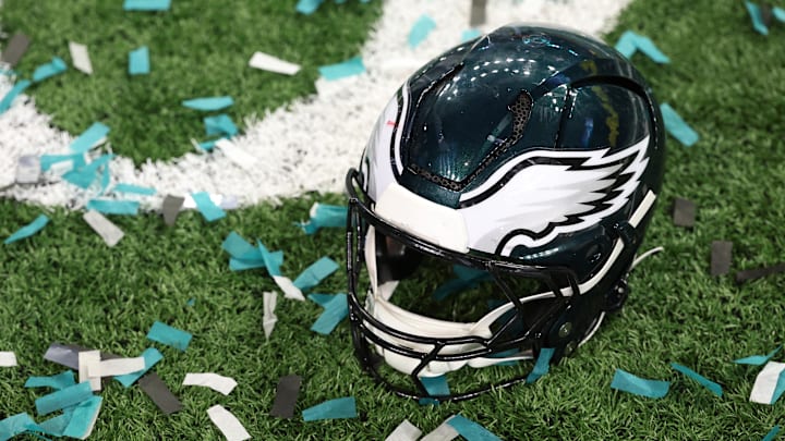 Feb 9, 2025; New Orleans, LA, USA; A Philadelphia Eagles player's helmet rests on the field after Super Bowl LIX against the Kansas City Chiefs at Caesars Superdome. Mandatory Credit: Geoff Burke-Imagn Images