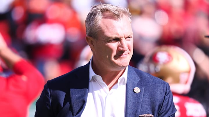 Oct 29, 2023; Santa Clara, California, USA; San Francisco 49ers general manager John Lynch on the Oct 29, 2023; Santa Clara, California, USA; San Francisco 49ers general manager John Lynch on the