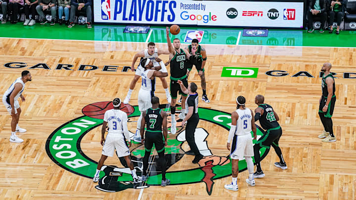 Apr 29, 2025; Boston, Massachusetts, USA; The Boston Celtics and Orlando Magic tip-off to start game five of first round for the 2025 NBA Playoffs at TD Garden. Mandatory Credit: David Butler II-Imagn Images