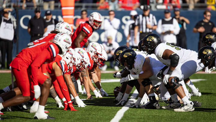 Oct 19, 2024; Tucson, Arizona, USA; General view down the line of scrimmage as the Colorado Buffalos prepare to snap the ball against the Arizona Wildcats at Arizona Stadium. Mandatory Credit: Mark J. Rebilas-Imagn Images Oct 19, 2024; Tucson, Arizona, USA; General view down the line of scrimmage as the Colorado Buffalos prepare to snap the ball against the Arizona Wildcats at Arizona Stadium. Mandatory Credit: Mark J. Rebilas-Imagn Images